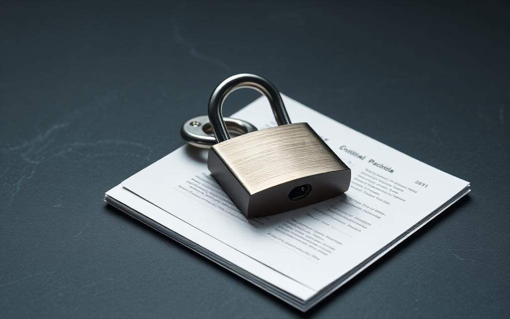 Vorhängeschloss auf einem Stapel vertraulicher Dokumente als Symbol für DSGVO-konforme Datenspeicherung